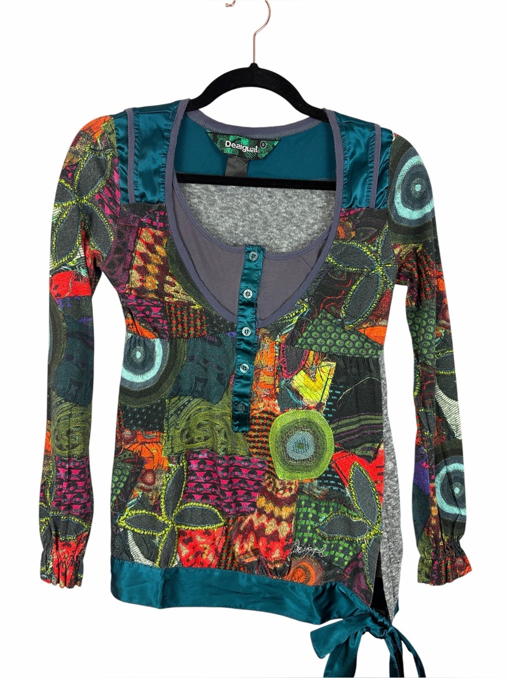 Desigual Patchwork Print Top Colorful Boho Tie Hem Long Sleeve Henley Shirt